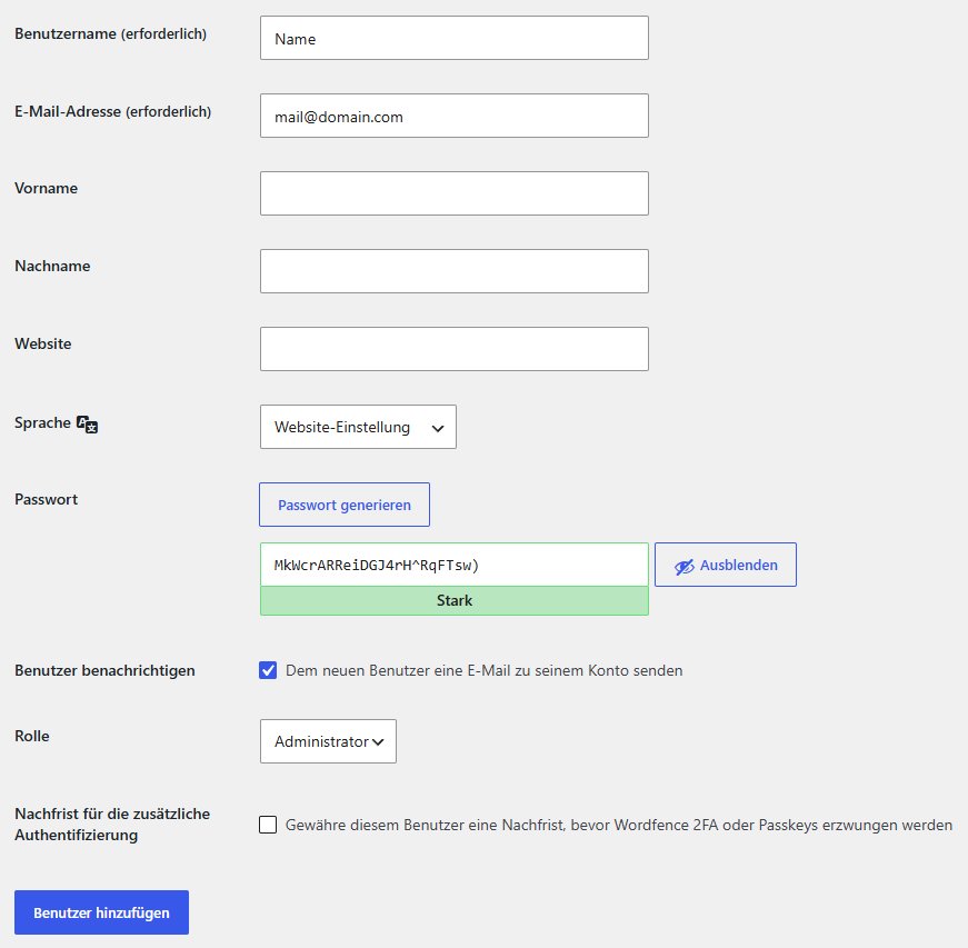 WordPress-Formular zum Hinzufügen eines neuen Benutzers mit Feldern für Benutzername, E-Mail-Adresse, Name, Website, Sprache, Passwort, Benachrichtigungen und Rolle.