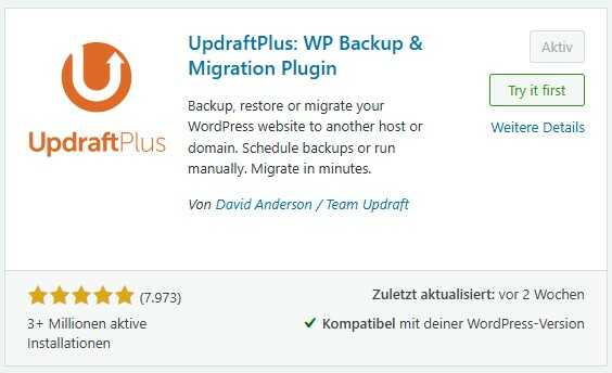 Screenshot des UpdraftPlus Backup-Plugins für WordPress im Plugin-Verzeichnis. Das Plugin eine 5 Sterne Bewertung bei fast 8.000 Bewertungen und über 3 Millionen aktive Installationen.