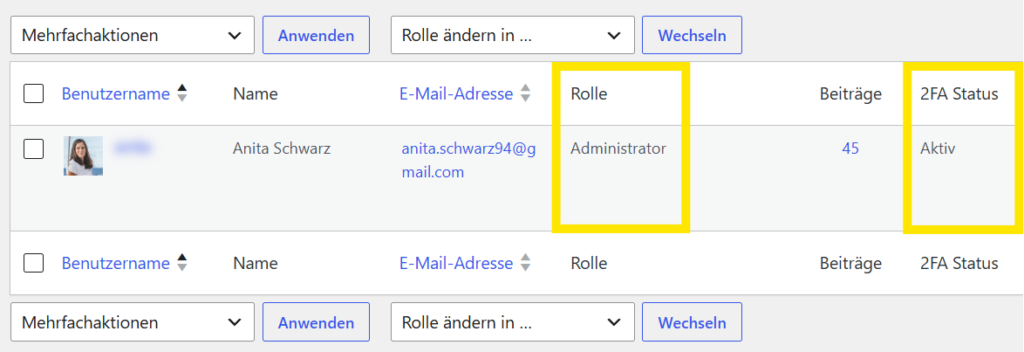 WordPress-Benutzerverwaltungsoberfläche, auf der Anita Schwarz als Administratorin mit aktivierter Zwei-Faktor-Authentifizierung und 45 Beiträgen angezeigt wird. Die Spalten „Rolle“ und „2FA-Status“ sind gelb hervorgehoben.