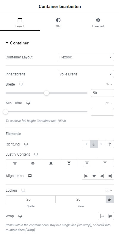 Layout-Optionen für die Einrichtung eines Containers