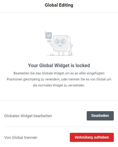 Entscheide dich, ob du das globale Widget bearbeiten oder die Verknüpfung aufheben möchtest.