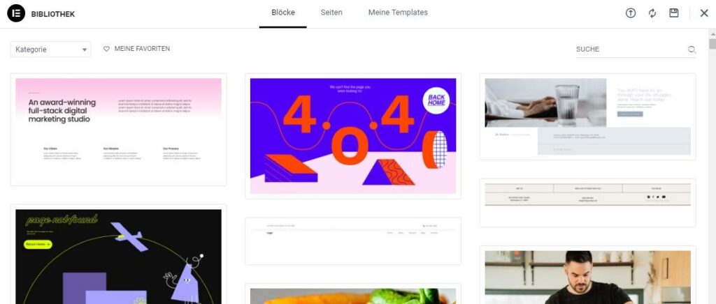 Auswahl an Elementor-Vorlagen