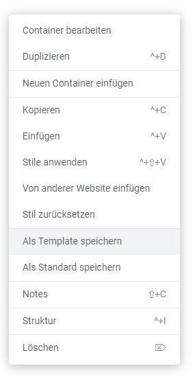 Auswahl bei Rechtsklick auf einen Container in Elementor