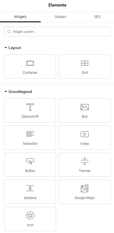 Widget-Auswahl in Elementor