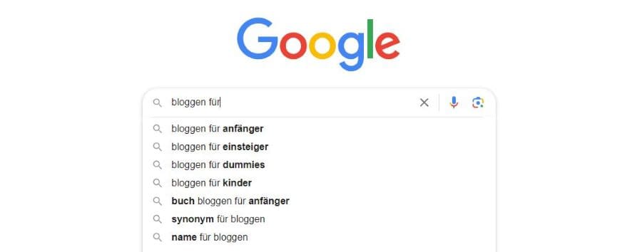 Google-Suchmaske mit dem Begriff "Bloggen für" und den Vorschlägen, die Google anzeigt