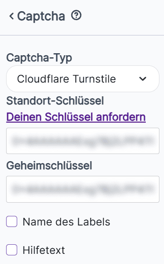 Screenshot der Einstellungen in Brevo zur Konfiguration von Captcha. Zu den Feldern gehören der Captcha-Typ, der Site-Schlüssel und der geheime Schlüssel.