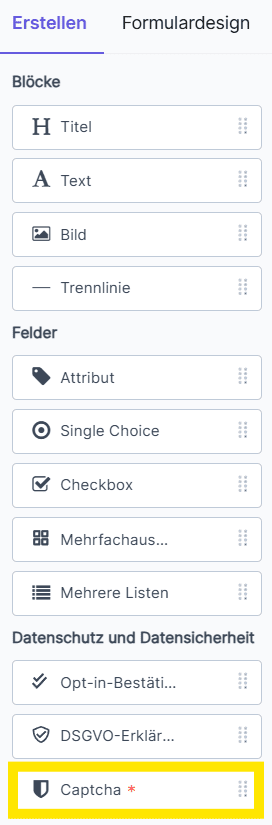 Screenshot des Formular-Designers von Brevo, auf dem unten Blöcke wie „Titel“, „Text“, „Bild“ und „CAPTCHA“ gelb hervorgehoben sind.