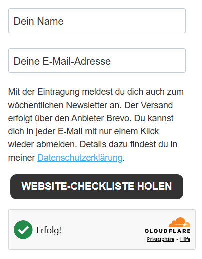 Ein Formular mit Feldern für Name und E-Mail-Adresse, einem Hinweis zum Abonnieren eines Newsletters, sowie einer Erfolgsmeldung mit einem grünen Häkchen.