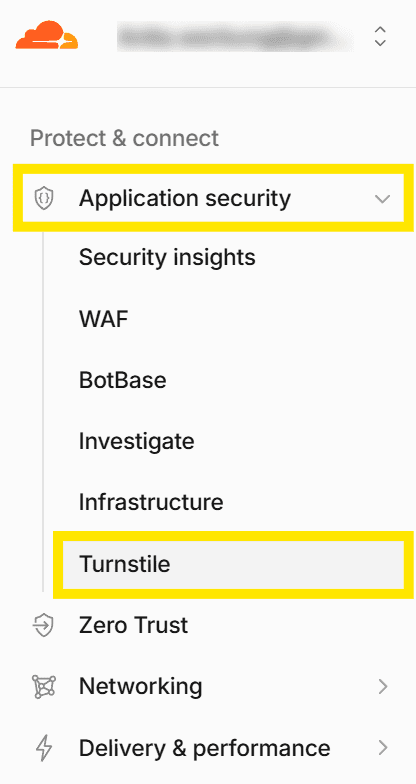 Das Cloudflare-Dashboard-Menü, in dem der Bereich „Protect & connect“ mit „Application Security“ aufgeklappt ist und die Option Turnstile hervorgehoben angezeigt wird.