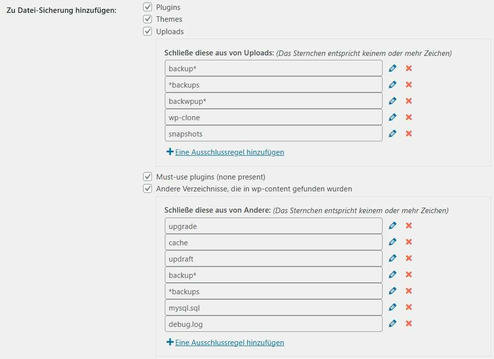 Screenshot der Datei-Sicherungseinstellungen in UpdraftPlus. Zu den Sicherungen hinzugefügt sind: Plugins, Themes und Uploads.