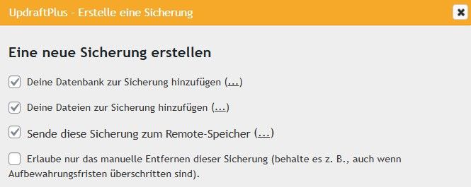 Screenshot des UpdraftPlus Backup-Dialogs 