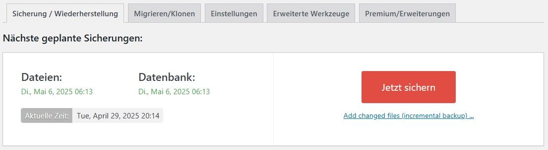 Screenshot der UpdraftPlus Hauptansicht