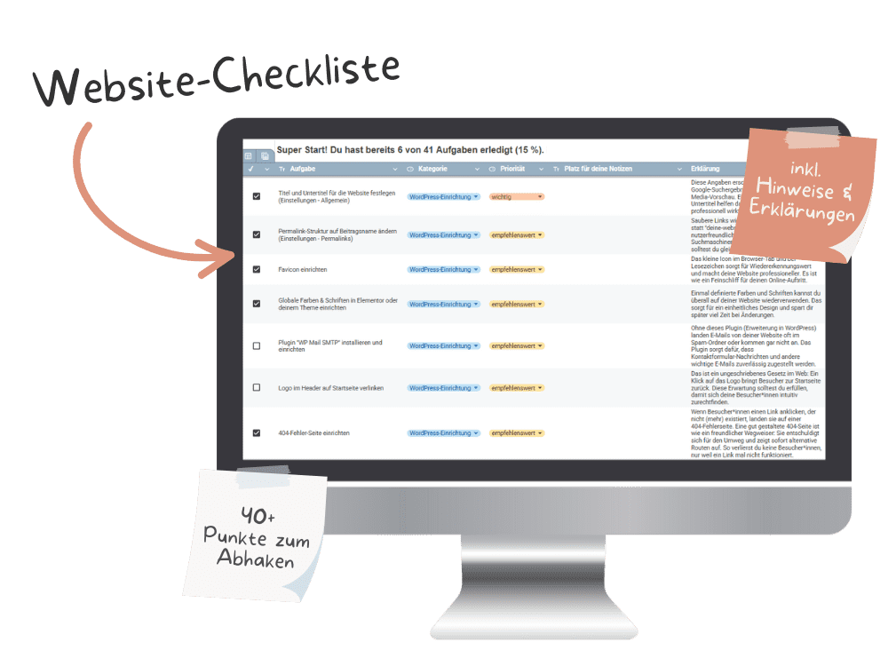 Ein Desktop-Monitor zeigt eine Website-Checkliste mit Aufgaben, Status und Kategorien an. Haftnotizen markieren 40+ Punkte zum Abhaken und inkl.. Hinweise & Erklärungen. Der Text lautet Website-Checkliste oben links.