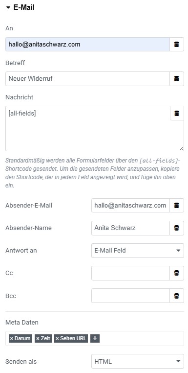 Screenshot der Einstellungen für die E-Mail-Benachrichtigung, die du im Anschluss an einen Widerruf erhältst. Wichtig sind die Einstellungen Empfänger und Betreff.