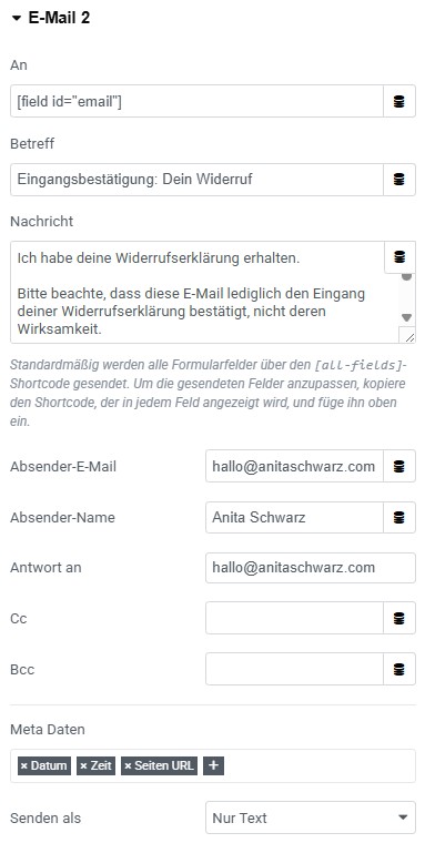 Screenshot der Einstellungen für die Eingangsbestätigung, die die*der Absender*in des Formular erhält.