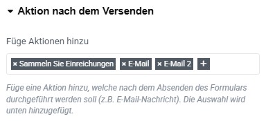 Screenshot der Aktionen, die für das Widerrufs-Formular festgelegt werden sollten: Sammeln Sie Einreichungen, E-Mail, E-Mail 2