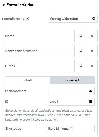 Screenshot der zeigt, wo man die Einstellung im Elementor-Formular für den Shortcode der E-Mail-Adresse findet.