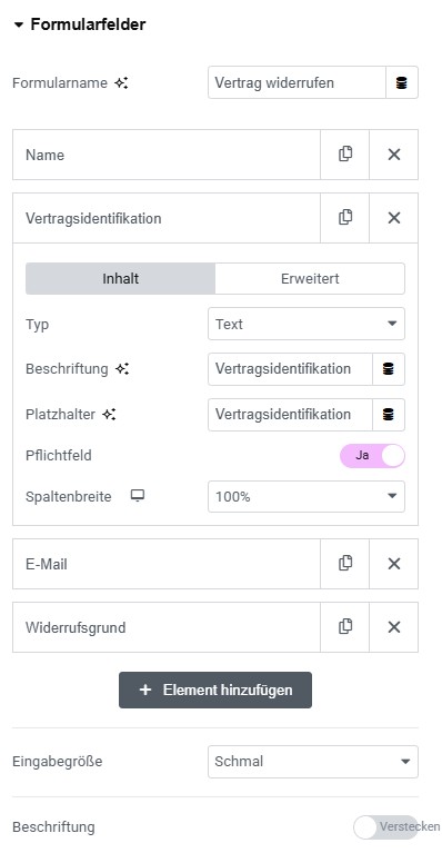 Screenshot der FormularFelder meines Widerrufs-Formulars in Elementor. Mit den Feldern Name, Vertragsidentifikation, E-Mail und Widerrufsgrund.